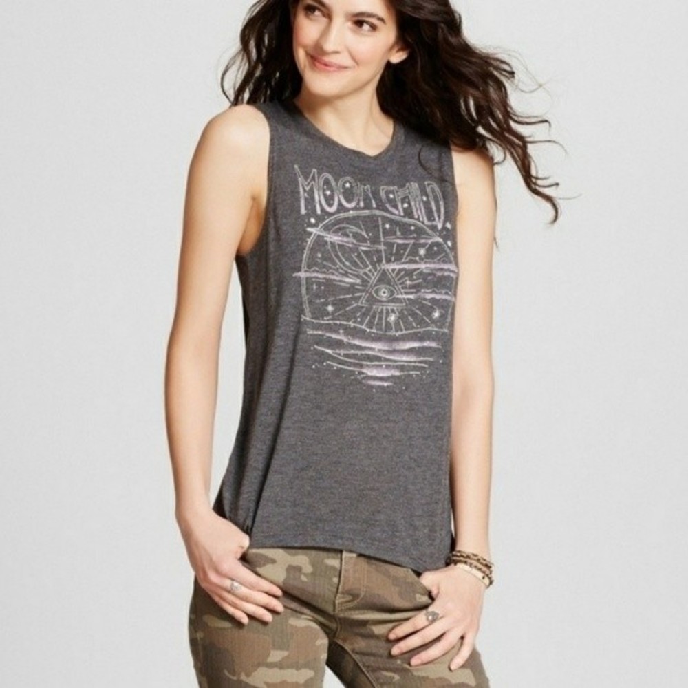 Modern Lux Grunge Charcoal Moon Child Zodiac Cosmos Graphic Muscle Tee Shirt S